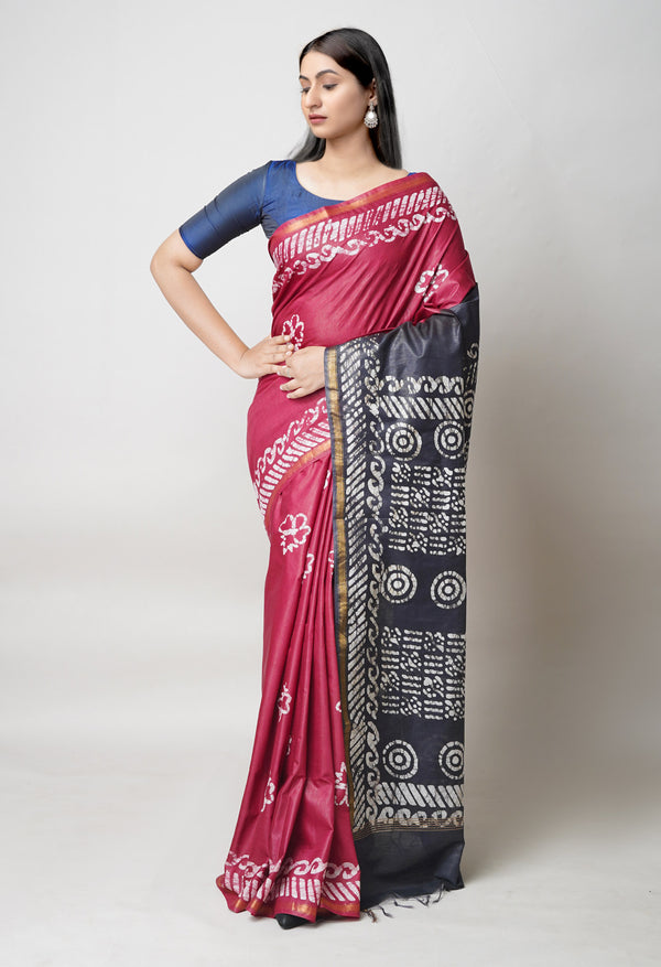 Maroon-Black Pure  Batik Printed Chanderi Sico Saree-UNM73560