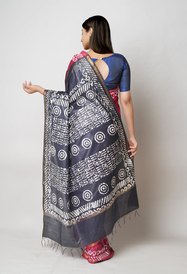 Maroon-Black Pure  Batik Printed Chanderi Sico Saree-UNM73560
