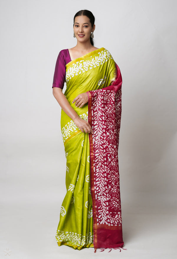 Green-Maroon Pure  Batik Printed Chanderi Sico Saree-UNM73561
