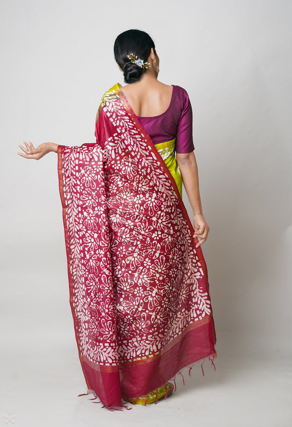 Green-Maroon Pure  Batik Printed Chanderi Sico Saree-UNM73561