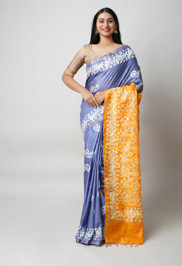Blue-Yellow Pure  Batik Printed Chanderi Sico Saree-UNM73562