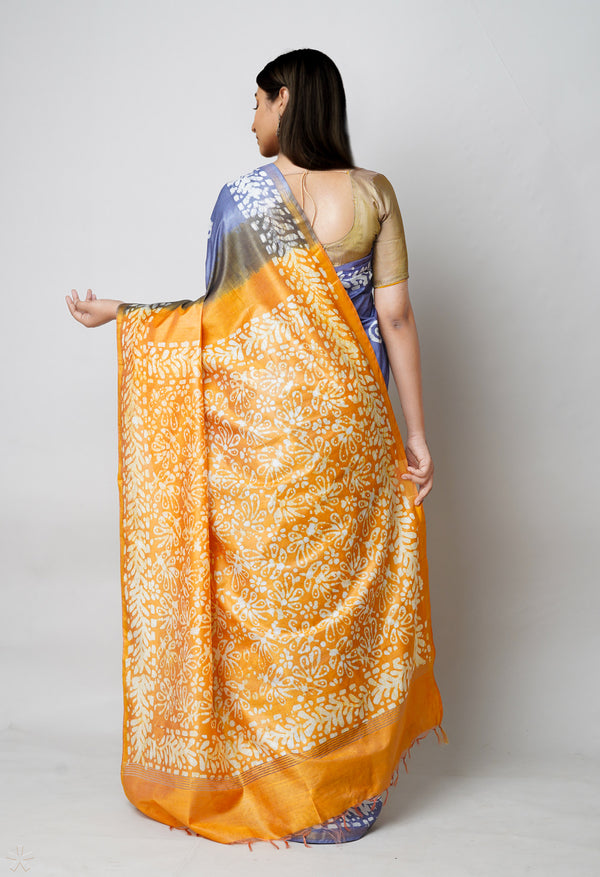 Blue-Yellow Pure  Batik Printed Chanderi Sico Saree-UNM73562