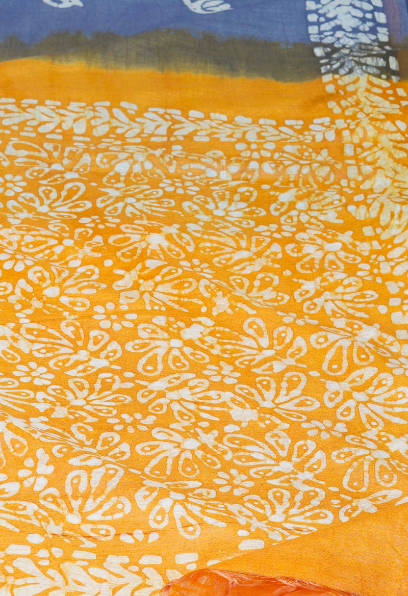Blue-Yellow Pure  Batik Printed Chanderi Sico Saree-UNM73562