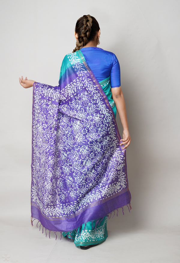 Green-Violet Pure  Batik Printed Chanderi Sico Saree-UNM73563