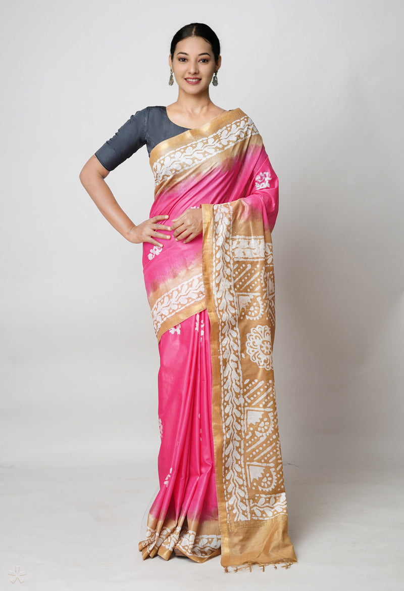 Pink-Brown Pure  Batik Printed Chanderi Sico Saree-UNM73564