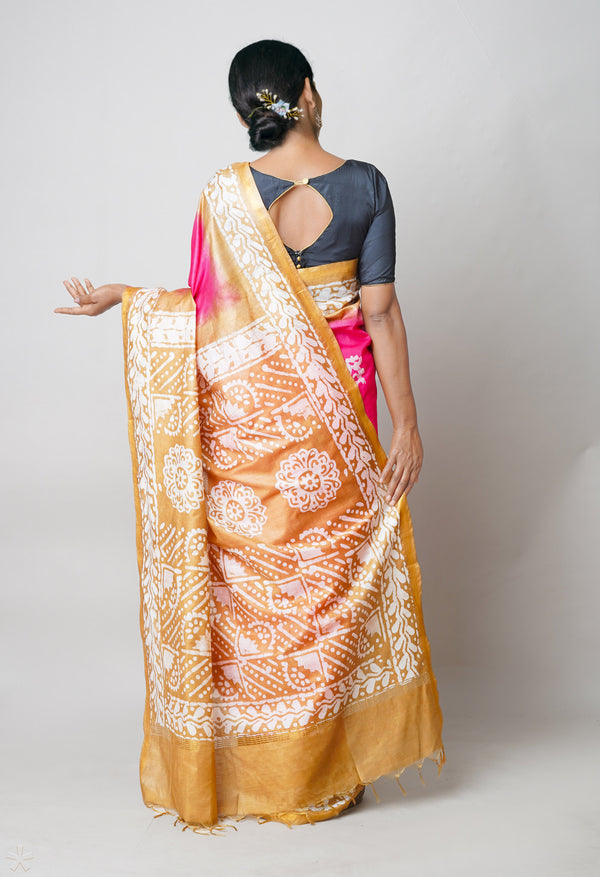 Pink-Brown Pure  Batik Printed Chanderi Sico Saree-UNM73564