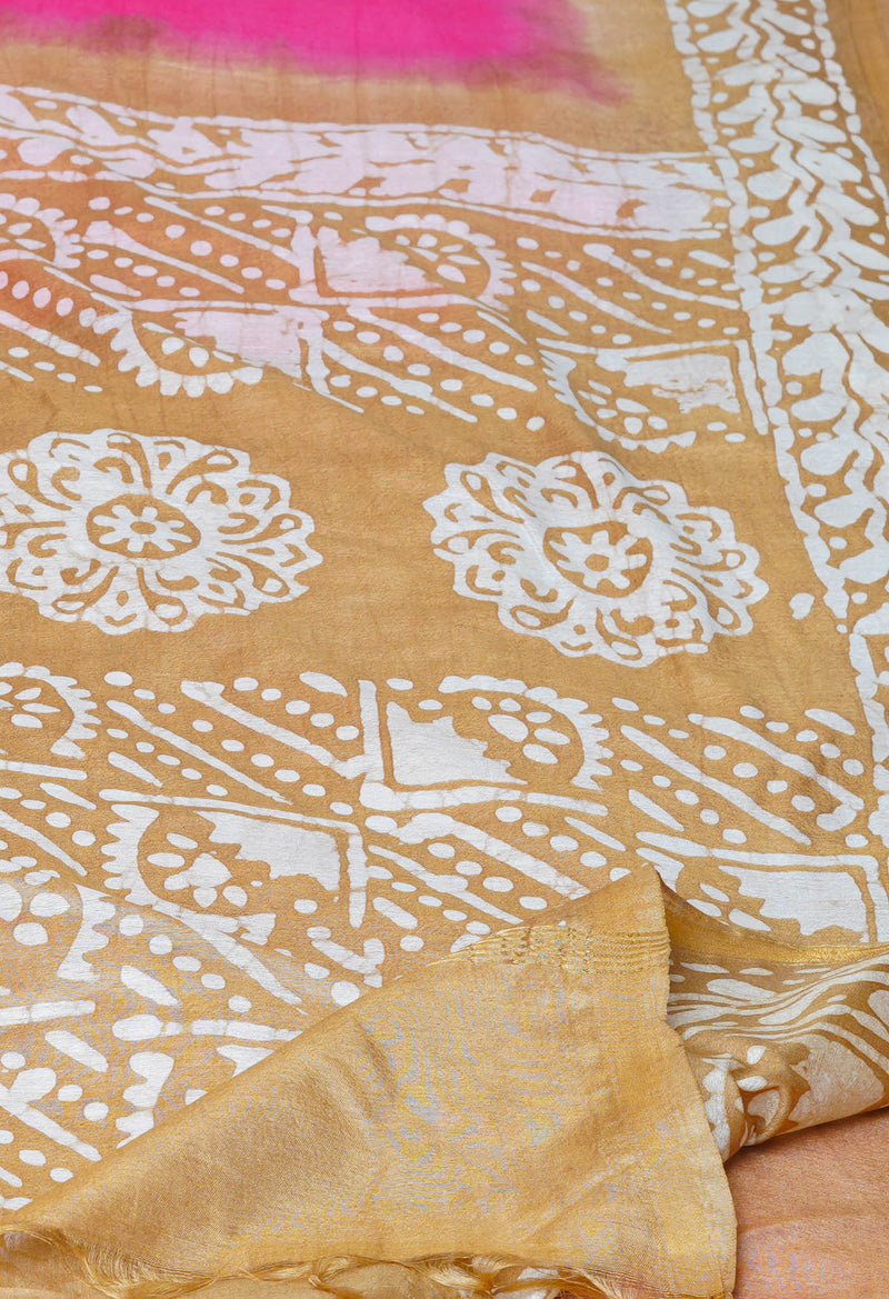 Pink-Brown Pure  Batik Printed Chanderi Sico Saree-UNM73564