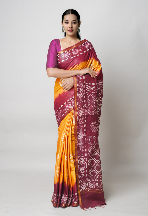 Brown-Maroon Pure  Batik Printed Chanderi Sico Saree-UNM73565