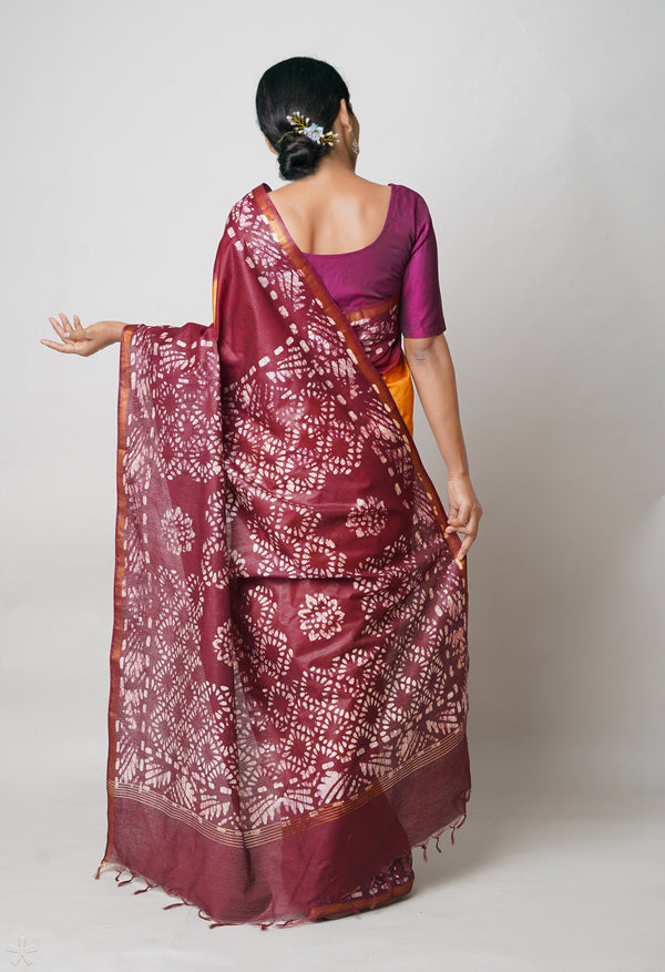 Brown-Maroon Pure  Batik Printed Chanderi Sico Saree-UNM73565