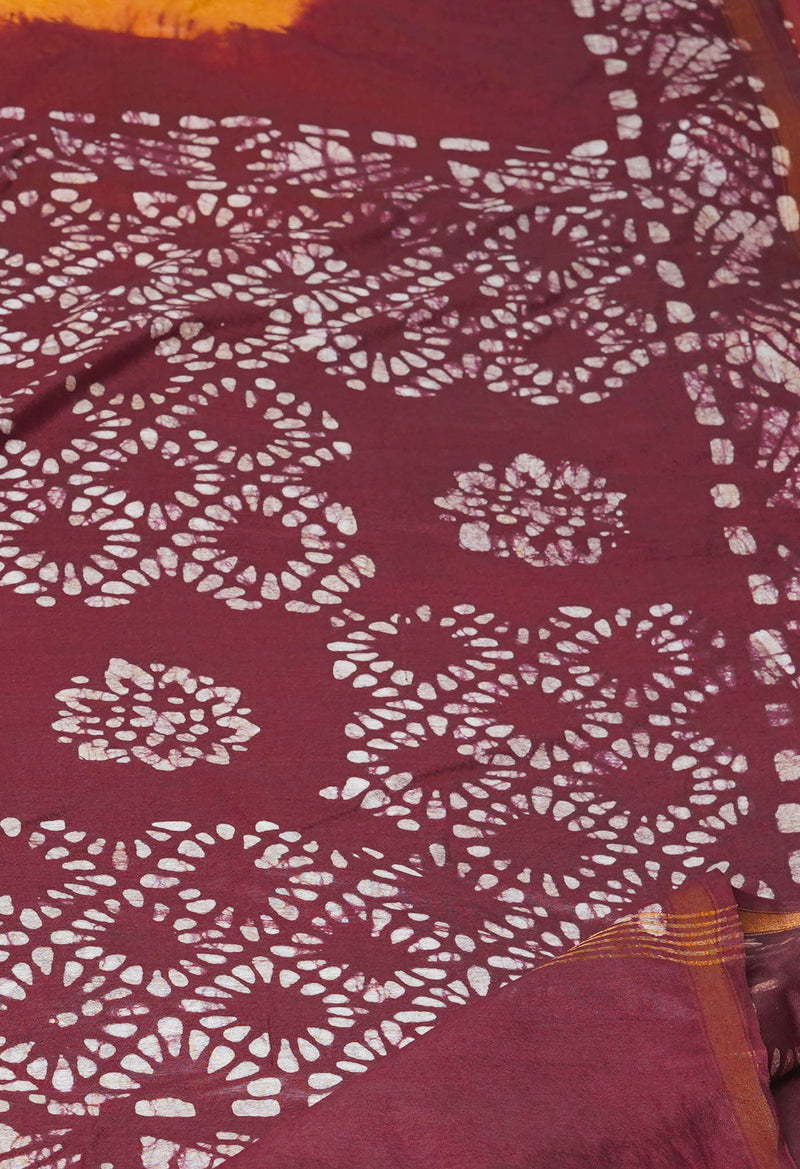 Brown-Maroon Pure  Batik Printed Chanderi Sico Saree-UNM73565
