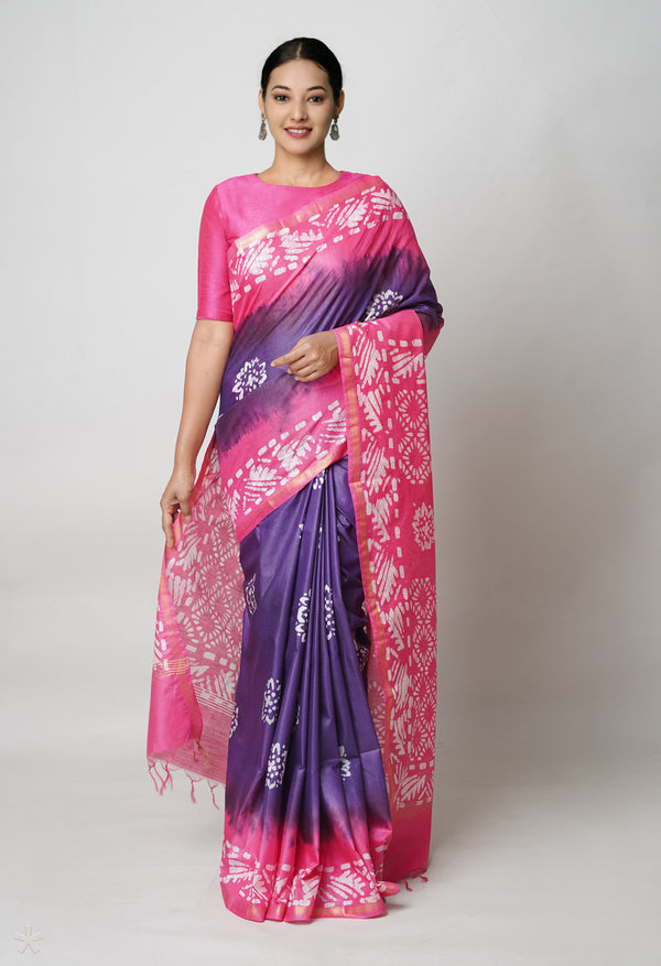 Dark Blue-Pink Pure  Batik Printed Chanderi Sico Saree-UNM73567