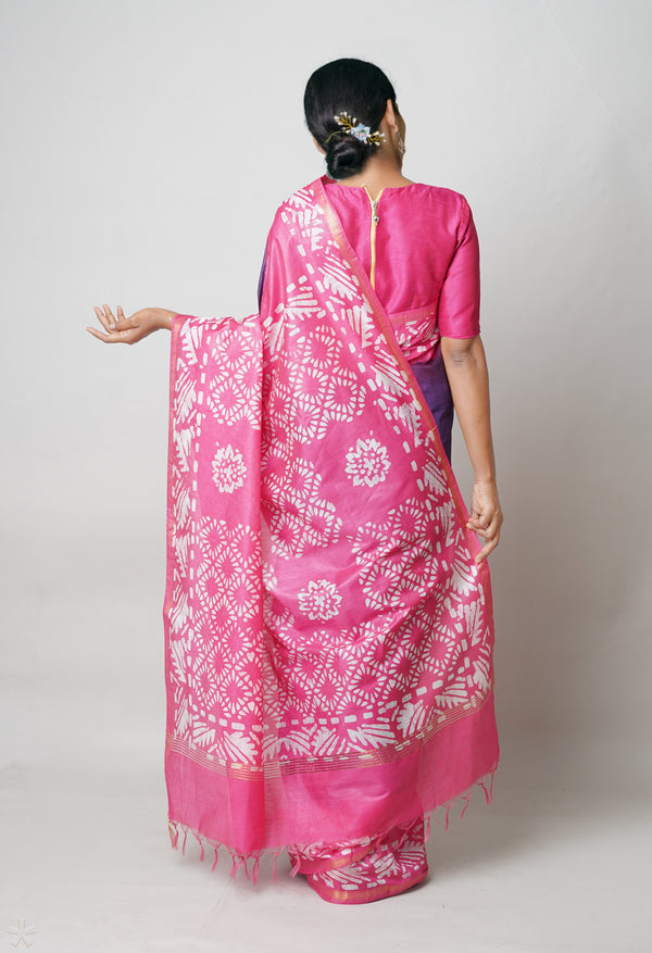 Dark Blue-Pink Pure  Batik Printed Chanderi Sico Saree-UNM73567