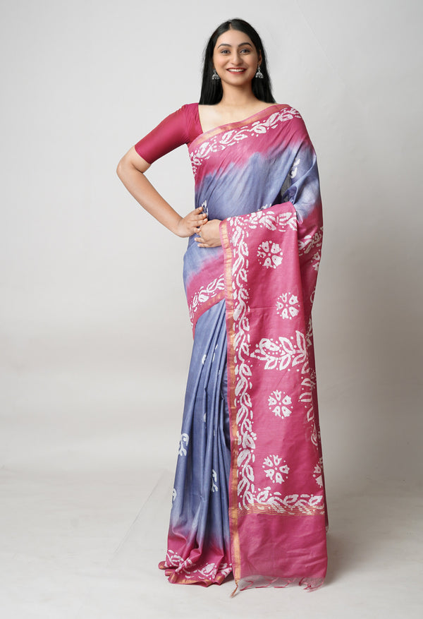 Bluish Grey-Burgundy Pure  Batik Printed Chanderi Sico Saree-UNM73568