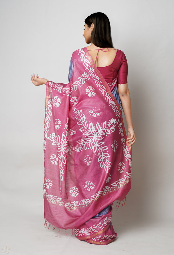 Bluish Grey-Burgundy Pure  Batik Printed Chanderi Sico Saree-UNM73568