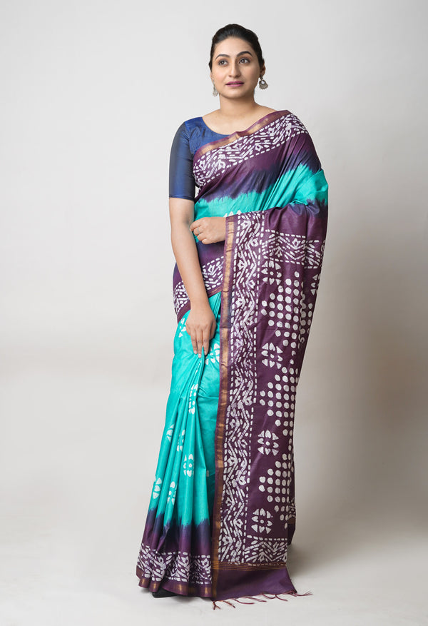 Green-Dark Purple Pure  Batik Printed Chanderi Sico Saree-UNM73569