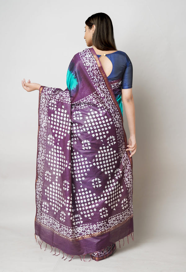 Green-Dark Purple Pure  Batik Printed Chanderi Sico Saree-UNM73569
