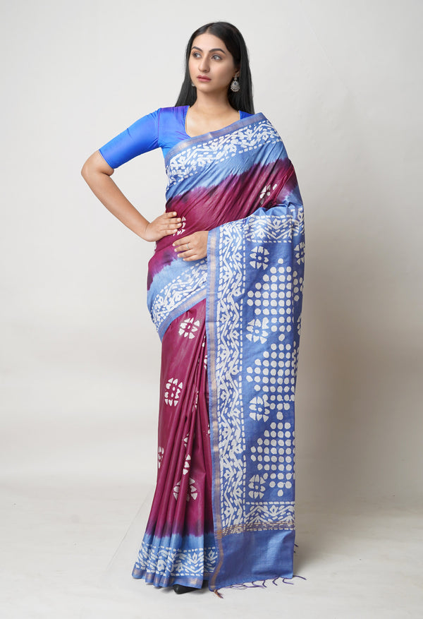 Blue-Maroon Pure  Batik Printed Chanderi Sico Saree-UNM73574