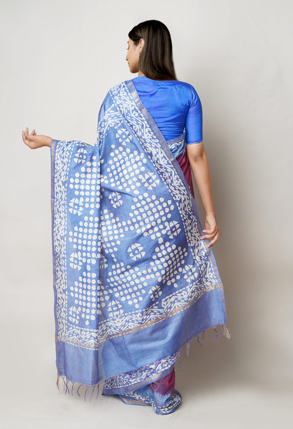Blue-Maroon Pure  Batik Printed Chanderi Sico Saree-UNM73574