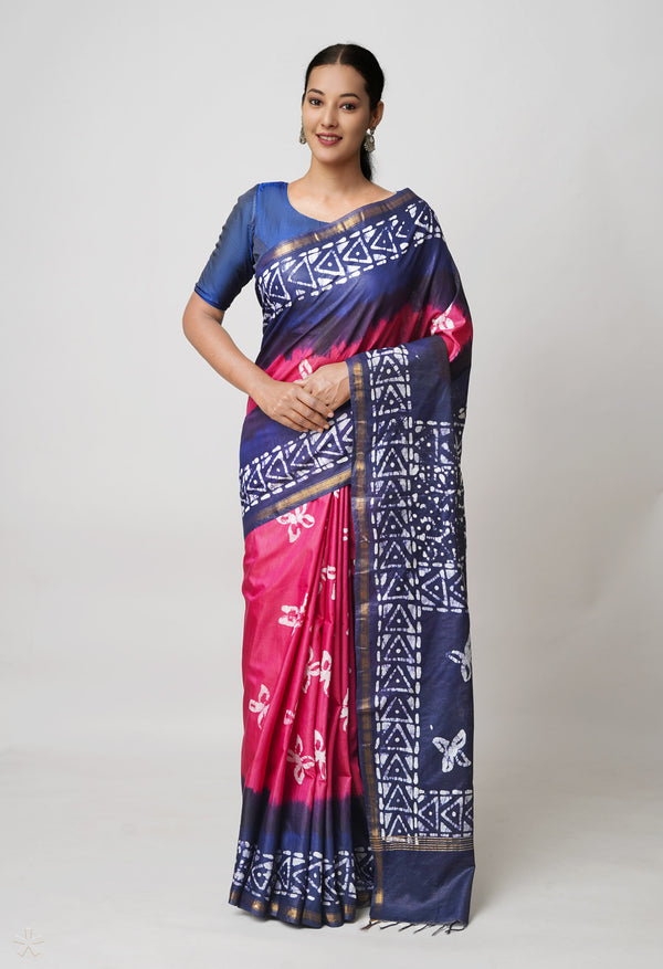 Burgundy-Dark Blue Pure  Batik Printed Chanderi Sico Saree-UNM73576
