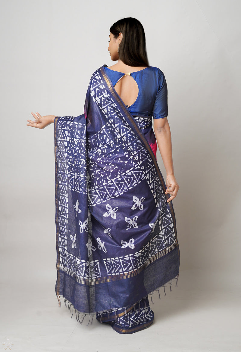 Burgundy-Dark Blue Pure  Batik Printed Chanderi Sico Saree-UNM73576