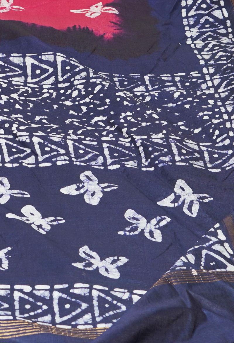 Burgundy-Dark Blue Pure  Batik Printed Chanderi Sico Saree-UNM73576
