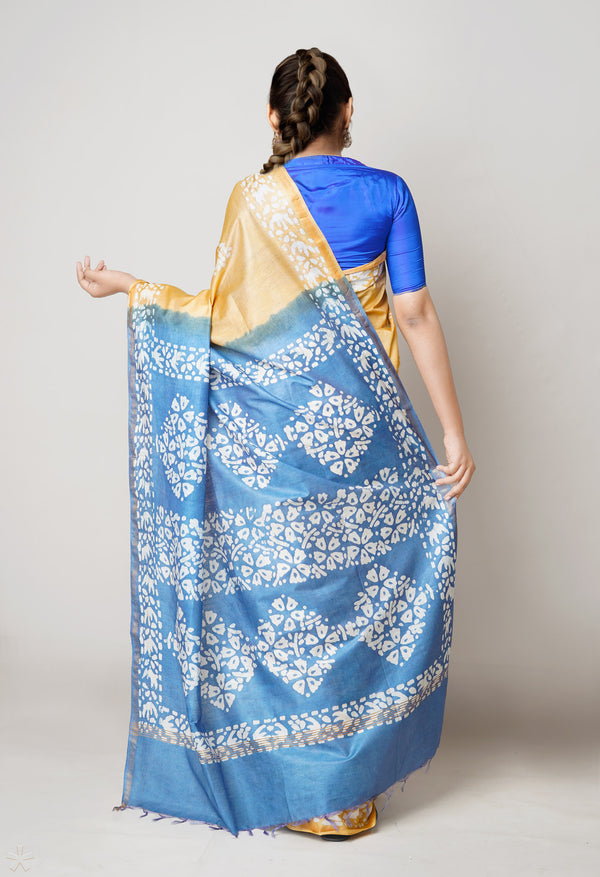 Blue-Brown Pure  Batik Printed Chanderi Sico Saree-UNM73579
