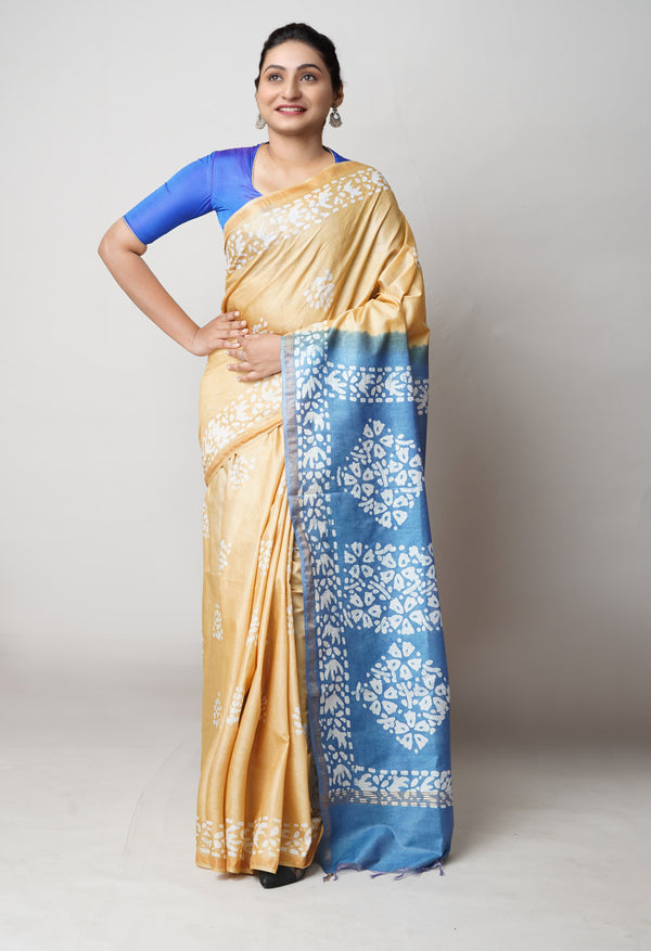 Blue-Brown Pure  Batik Printed Chanderi Sico Saree-UNM73579