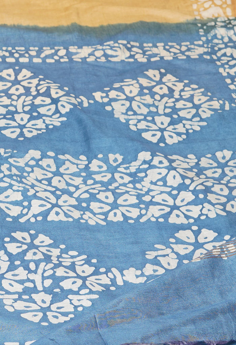 Blue-Brown Pure  Batik Printed Chanderi Sico Saree-UNM73579
