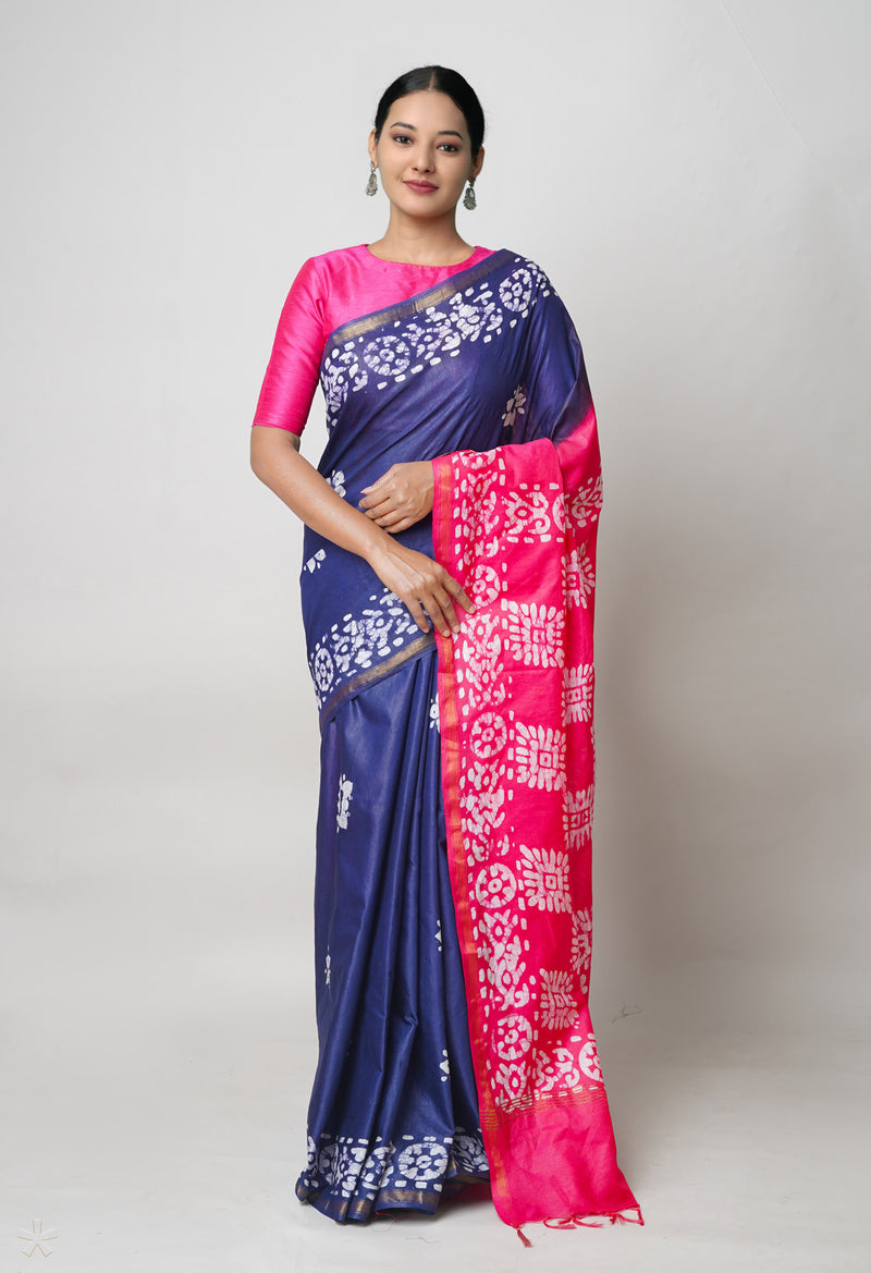Dark Blue-Pink Pure  Batik Printed Chanderi Sico Saree-UNM73580