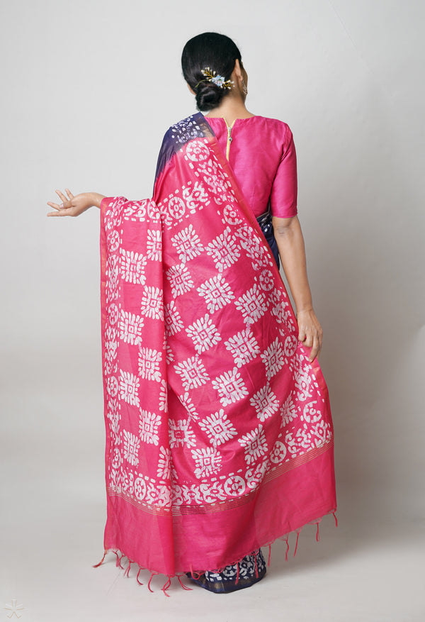 Dark Blue-Pink Pure  Batik Printed Chanderi Sico Saree-UNM73580