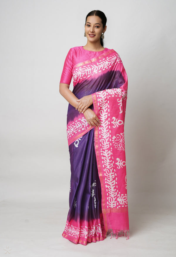 Dark Blue-Pink Pure  Batik Printed Chanderi Sico Saree-UNM73581