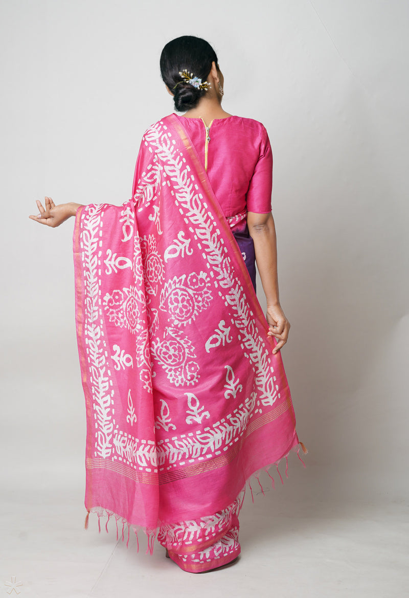 Dark Blue-Pink Pure  Batik Printed Chanderi Sico Saree-UNM73581