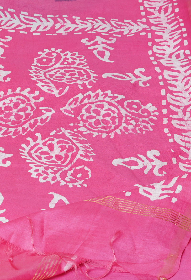 Dark Blue-Pink Pure  Batik Printed Chanderi Sico Saree-UNM73581
