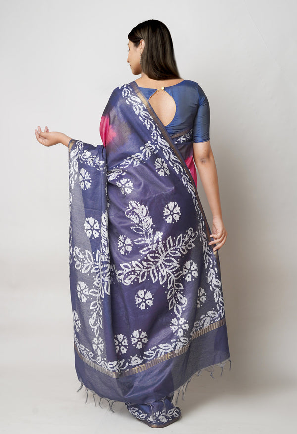 Burgundy-Blue Pure  Batik Printed Chanderi Sico Saree-UNM73584