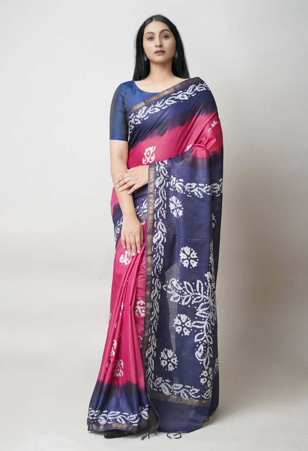 Burgundy-Blue Pure  Batik Printed Chanderi Sico Saree-UNM73584