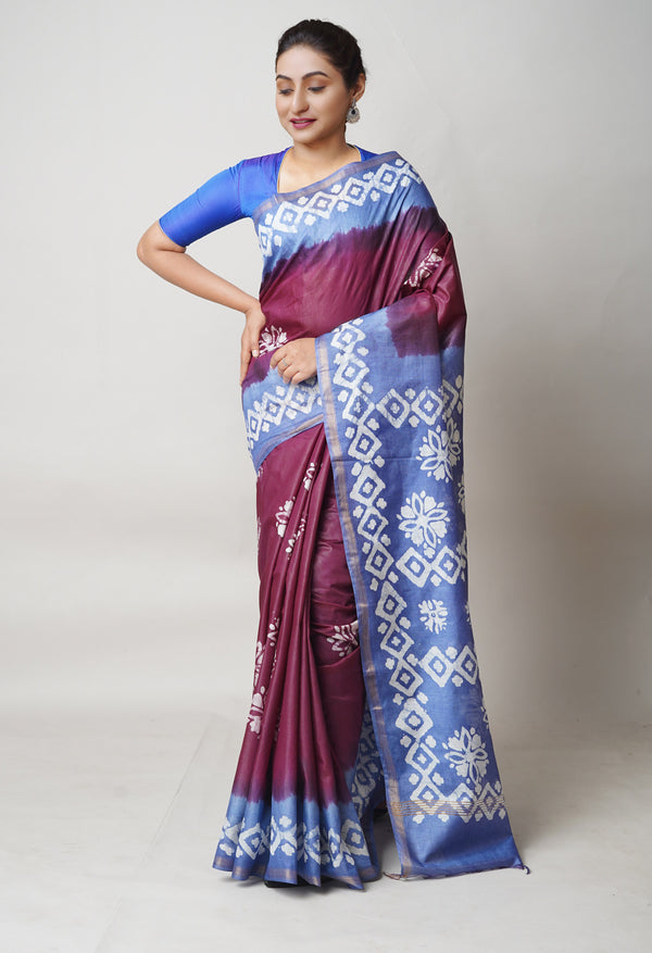Dark Purple -Blue Pure  Batik Printed Chanderi Sico Saree-UNM73586