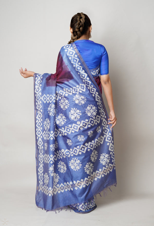 Dark Purple -Blue Pure  Batik Printed Chanderi Sico Saree-UNM73586
