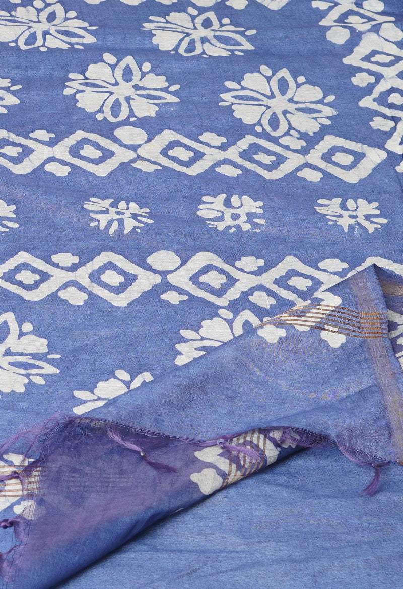 Dark Purple -Blue Pure  Batik Printed Chanderi Sico Saree-UNM73586