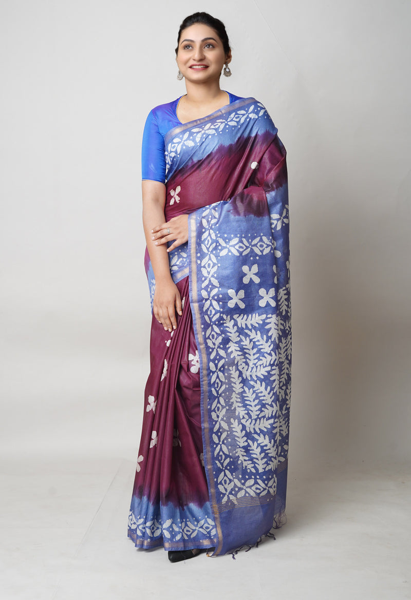 Dark Purple-Blue Pure  Batik Printed Chanderi Sico Saree-UNM73592