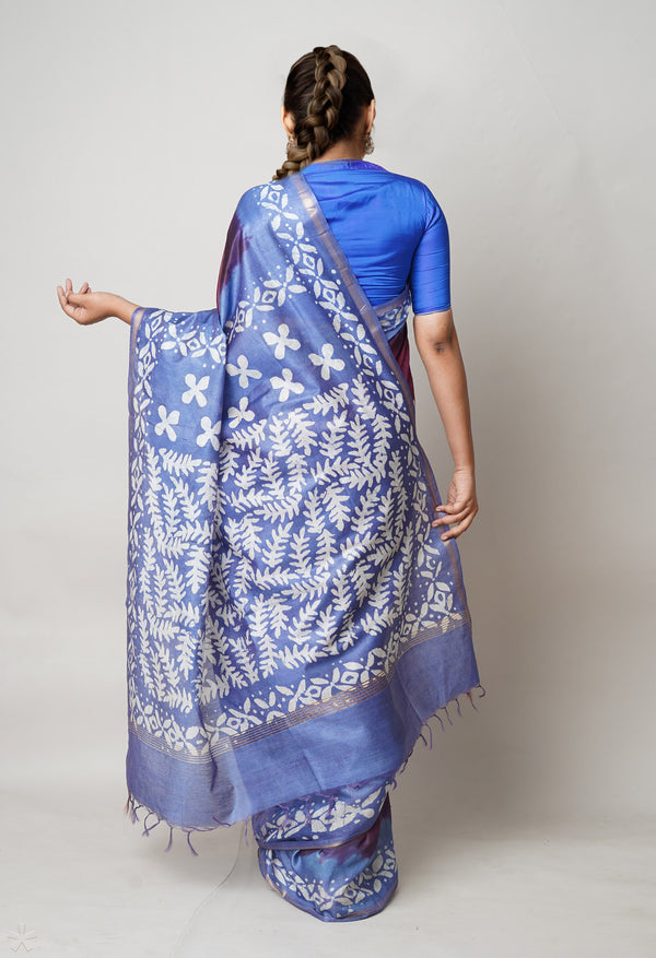 Dark Purple-Blue Pure  Batik Printed Chanderi Sico Saree-UNM73592