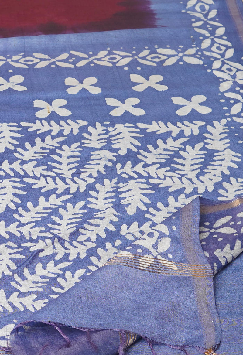 Dark Purple-Blue Pure  Batik Printed Chanderi Sico Saree-UNM73592