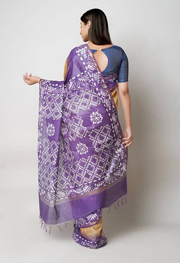 Purple-Brown Pure  Batik Printed Chanderi Sico Saree-UNM73593