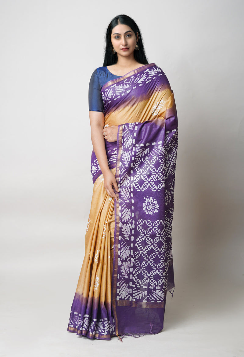 Purple-Brown Pure  Batik Printed Chanderi Sico Saree-UNM73593