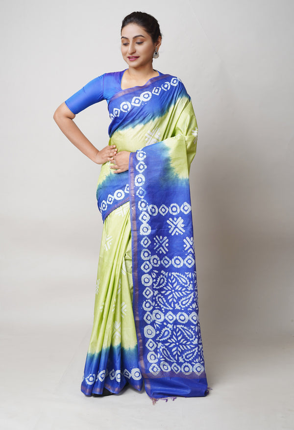 Green-Blue Pure  Batik Printed Chanderi Sico Saree-UNM73596