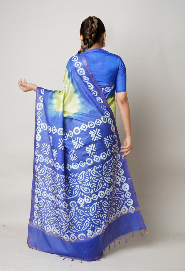Green-Blue Pure  Batik Printed Chanderi Sico Saree-UNM73596