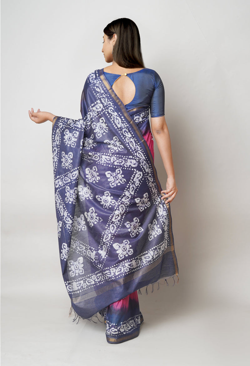 Burgundy-Dark Blue Pure  Batik Printed Chanderi Sico Saree-UNM73597