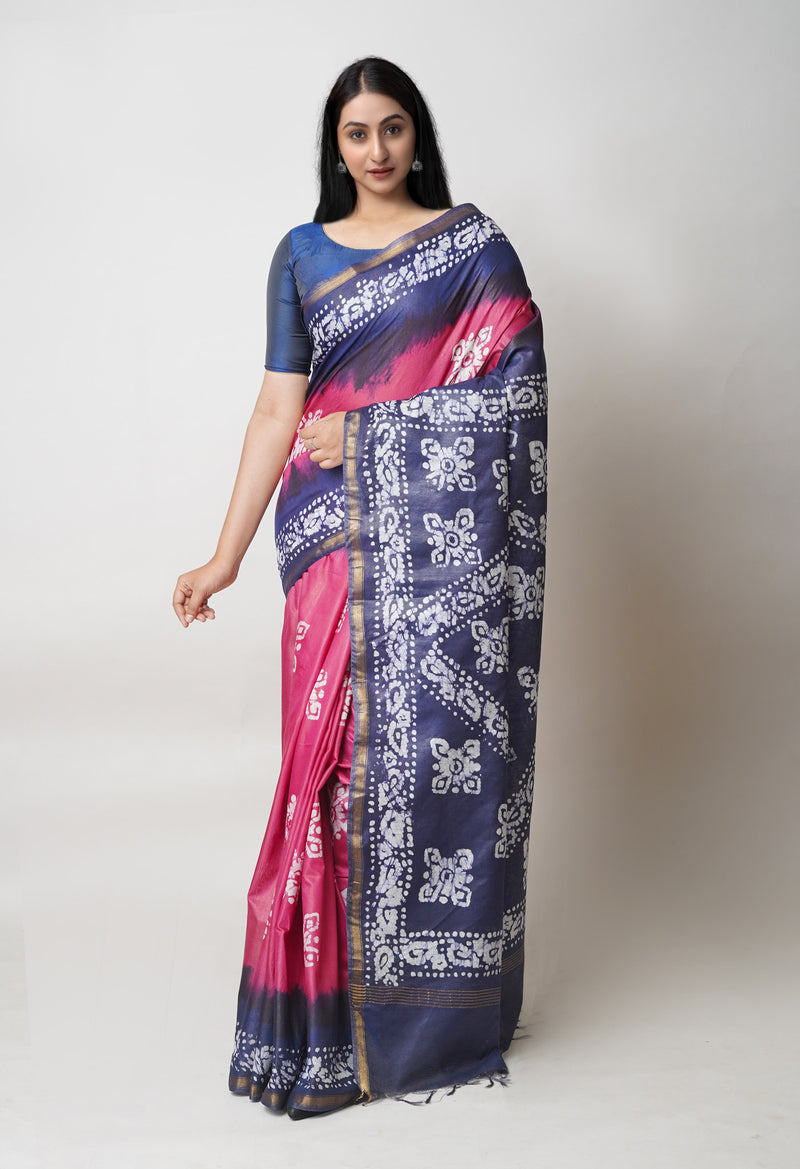 Burgundy-Dark Blue Pure  Batik Printed Chanderi Sico Saree-UNM73597