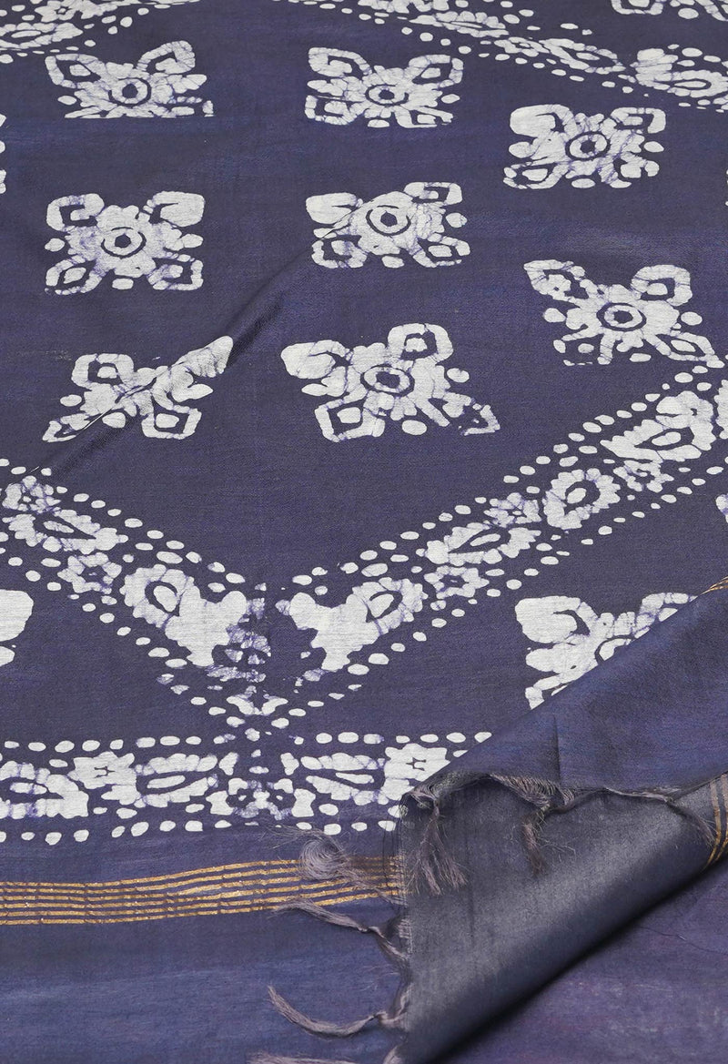 Burgundy-Dark Blue Pure  Batik Printed Chanderi Sico Saree-UNM73597