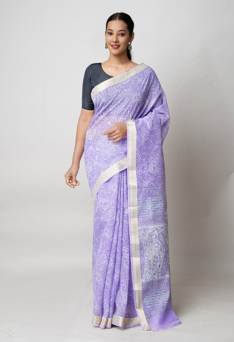Violet  Screen Printed Chanderi Sico Saree-UNM73601