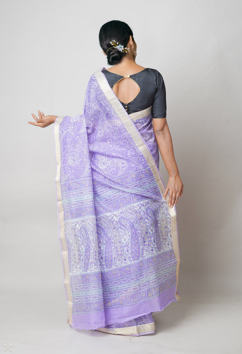 Violet  Screen Printed Chanderi Sico Saree-UNM73601